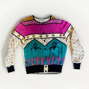 Vintage Diane Multicolor Silk Geometric Floral Blouse Women's 8 Button Up Rare